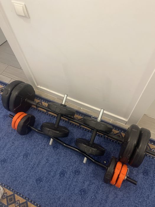 Set greutăți fitness: gantere + halteră lungă + bară EZ