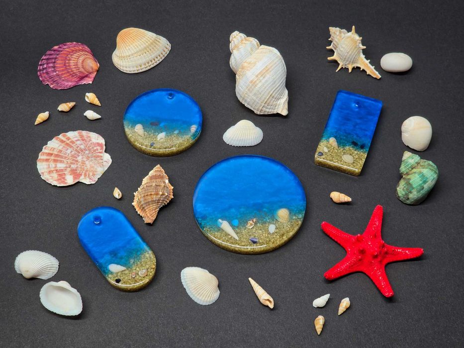 Морски комплект от епоксидна смола (поставка и медальони)