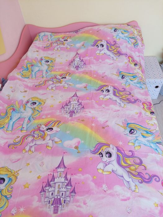 Детски спален комплект в розово с еднорог – 4 части, 100% памук