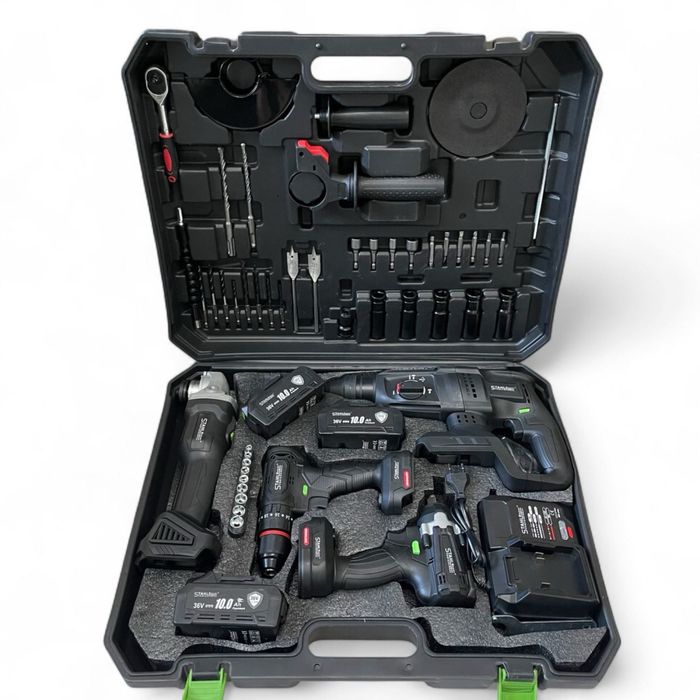 Акумулаторен к-т 5в1 гайковер,винтоверт,ъглошлайф,перфоратор и фенер.