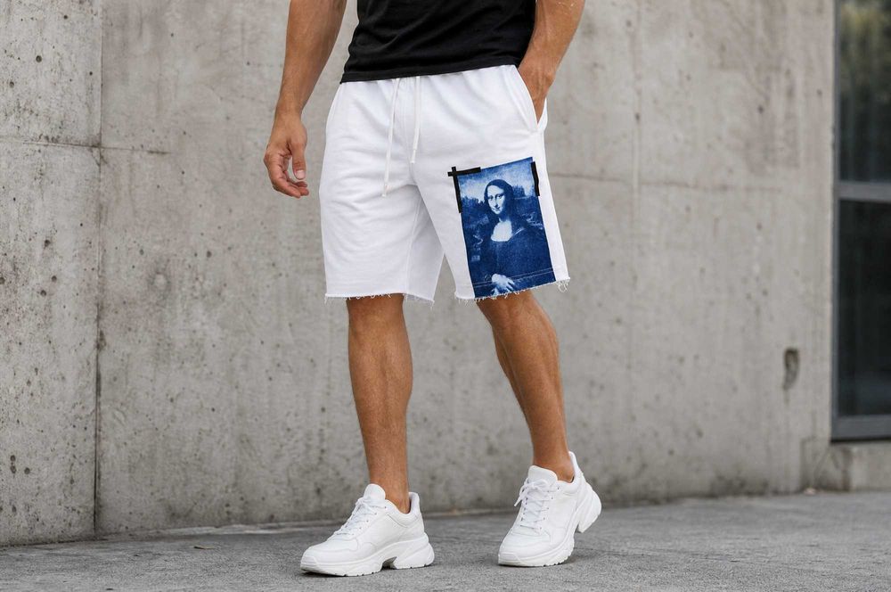 Мъжки къси спортни панталони Off-White c/o Virgil Abloh „Mona Lisa" — бели, regular fit, син Mona Lisa принт + черни Diagonals — S L