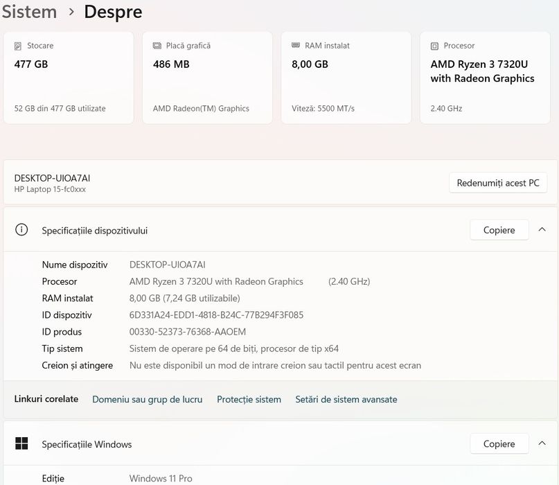 Laptop HP Ryzen 3 7320U 2,4Ghz/4,1Ghz, 8GB DDR5, 512GB, Radeon, Win11