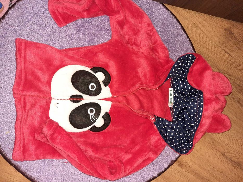 Hanorac gri/rosu catifelat cu fermoar model pisica/urs panda