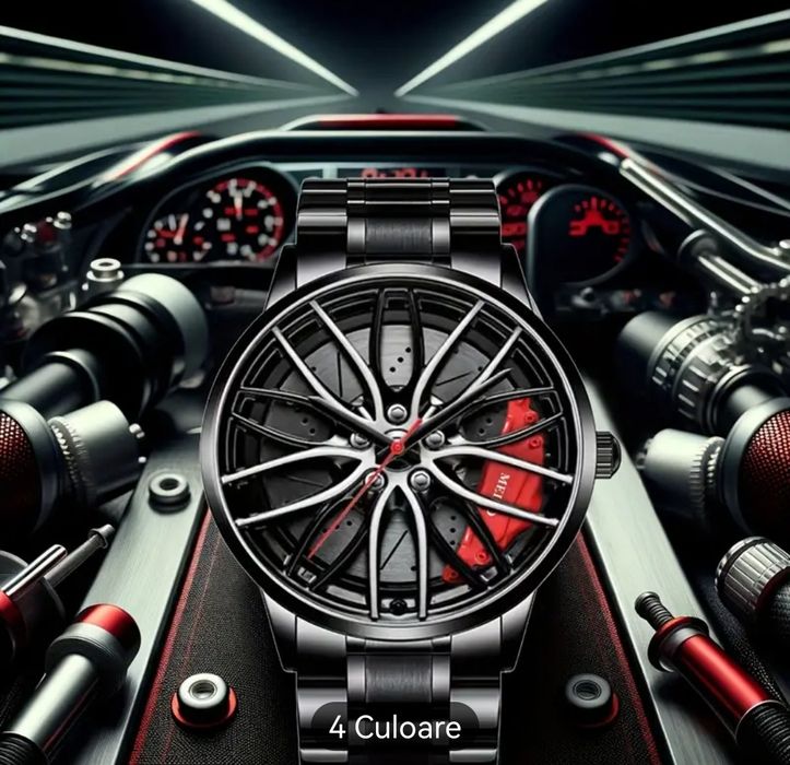 Ceas bărbați quart cu forma de janta auto cu etrier
