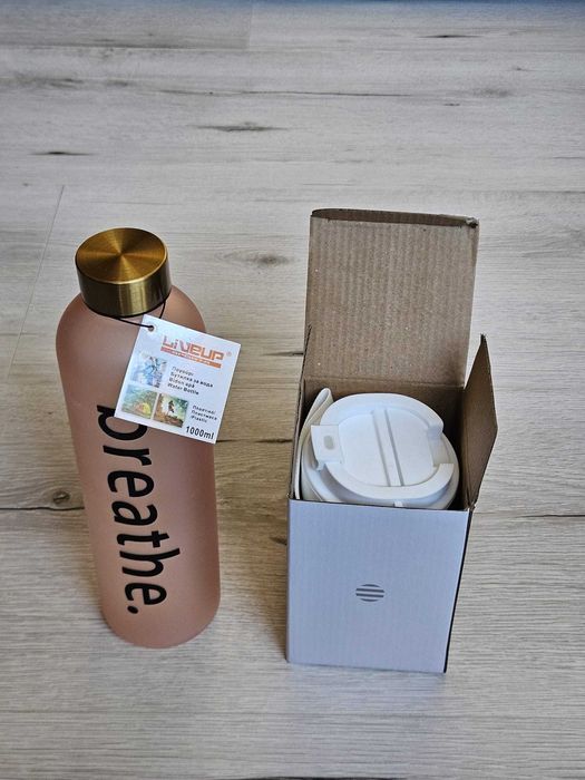Set sticlă apă 1L + cană termos - NOI