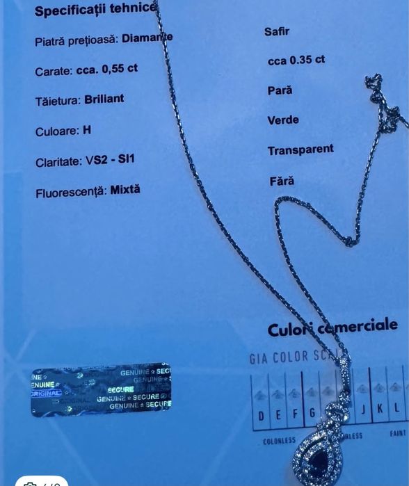 Lanț cu Pandantiv Aur 18K, Safir Verde 0.35 Ct și Diamante 0.55 Ct + Certificat