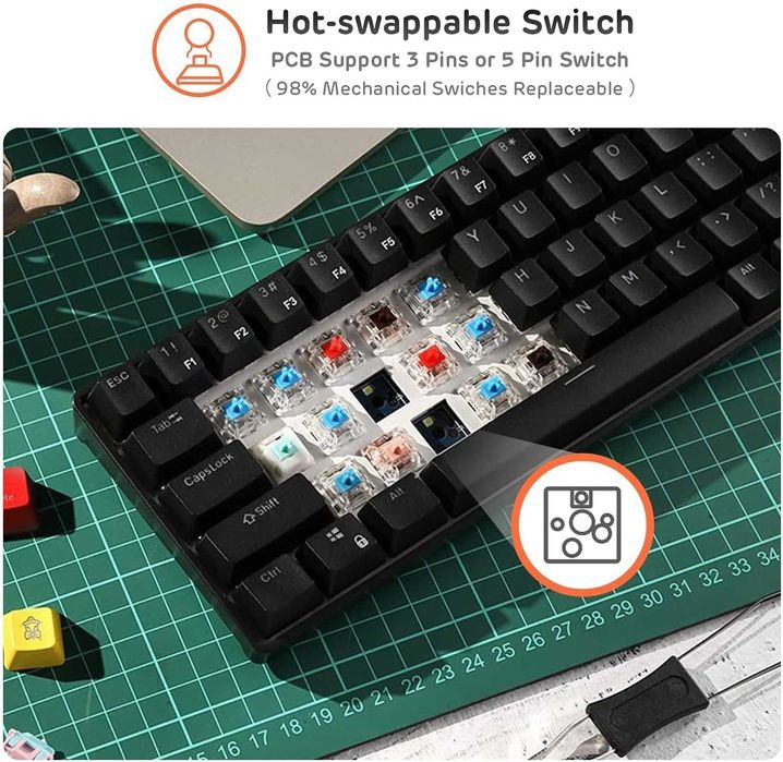 RK ROYAL KLUDGE RK61 Tastatură mecanică wireless 60% Bluetooth 61taste
