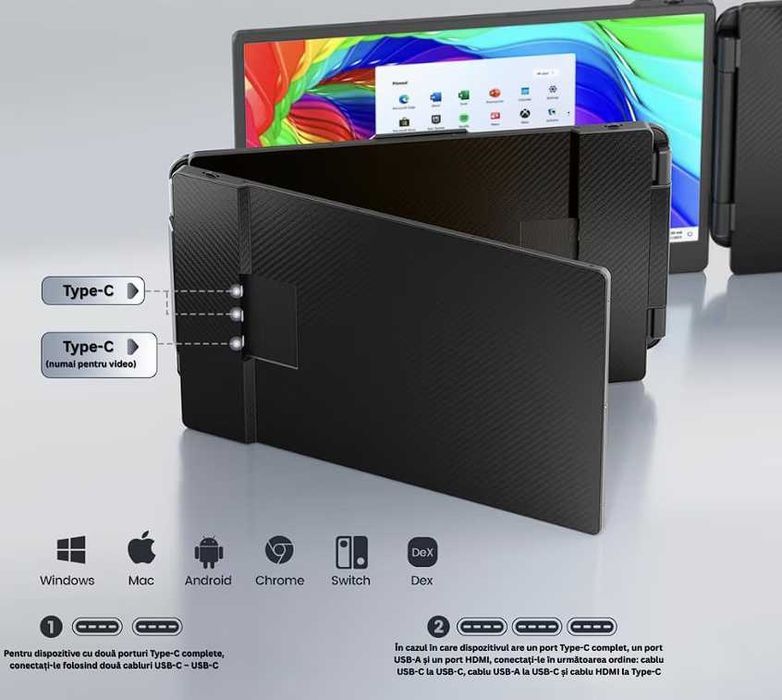 Монитор за лаптоп, троен, 13"-17", с 14-инчов, Full HD 1080P IPS, 60Hz, контраст 1000:1,Windows/MacOS/Linux/Android, Plug & Play, USB-C, калъф