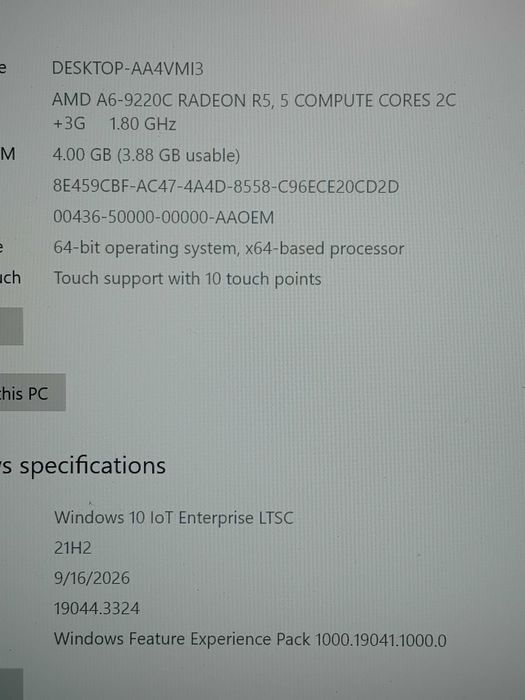 Лаптоп Lenovo 14w – 14" Full HD Touchscreen / AMD A6 / 4GB / 64GB / Windows Tiny10