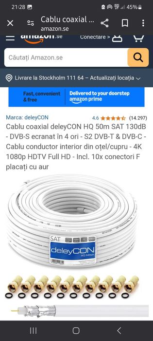 Cablu satelit deley CON 50 m 4K full HD