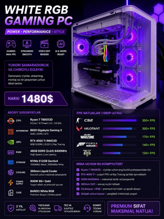 FPS Monster — Ryzen 7 7800X3D + RTX 4060Ti/ 48GB RAM