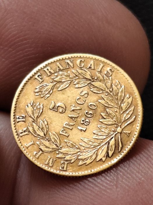 5 франка 1860 год, Наполеон III, злато, тегло 1.61 гр,900/1000
