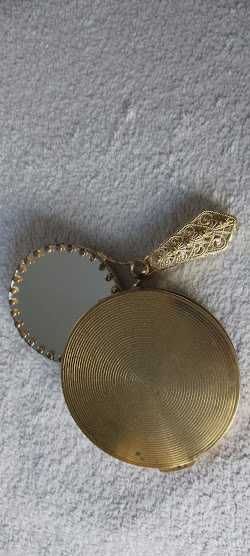 Set vechi Pudrieră și Oglindă poșetă - grena cu auriu