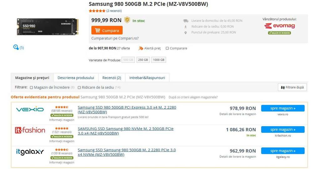 SSD Samsung 980 NVMe M.2 500GB  MZ-V8V500BW - GARANTIE 4 ANI