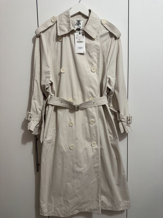 Trenci midi alb unt cu cordon in talie si la mansete Zara marimea S