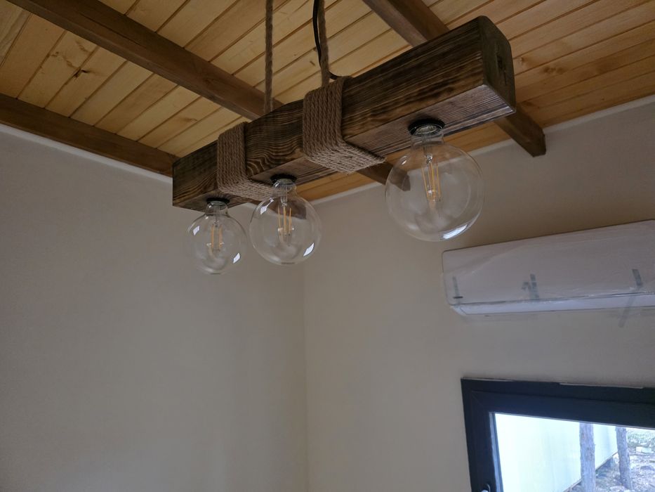 Ръчно изработен индустриален полилей от масивно дърво | LED Edison | Loft стил