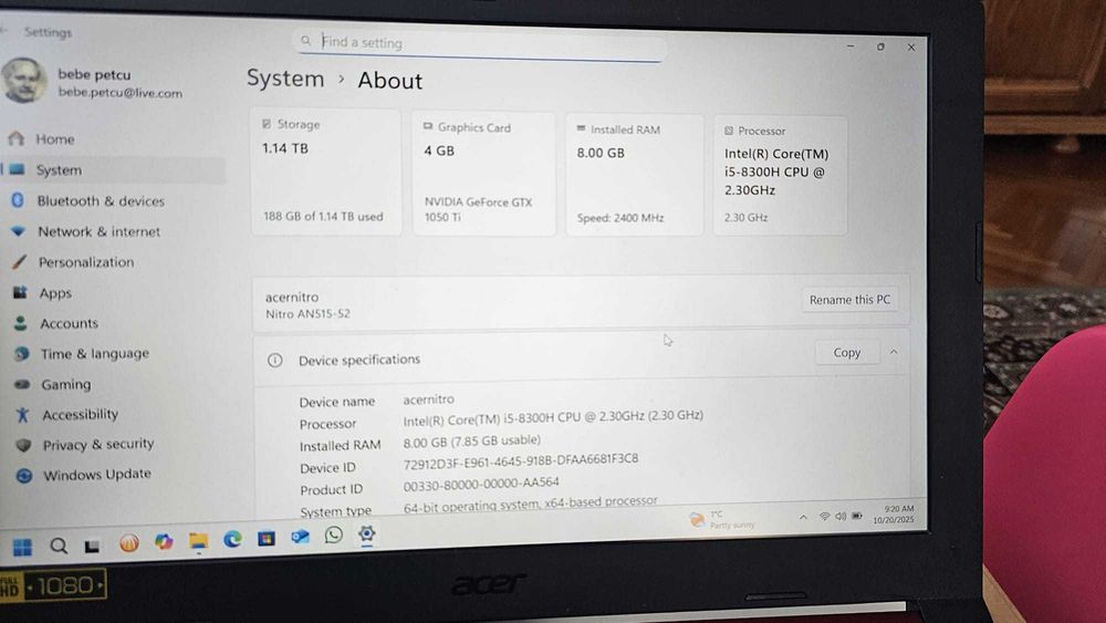 Acer Nitro 5 AN515-52, nefolosit ultimii4 ani.