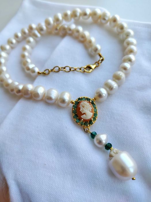 925- Colier Argint Cu Perla Naturala, Smarald , Camee