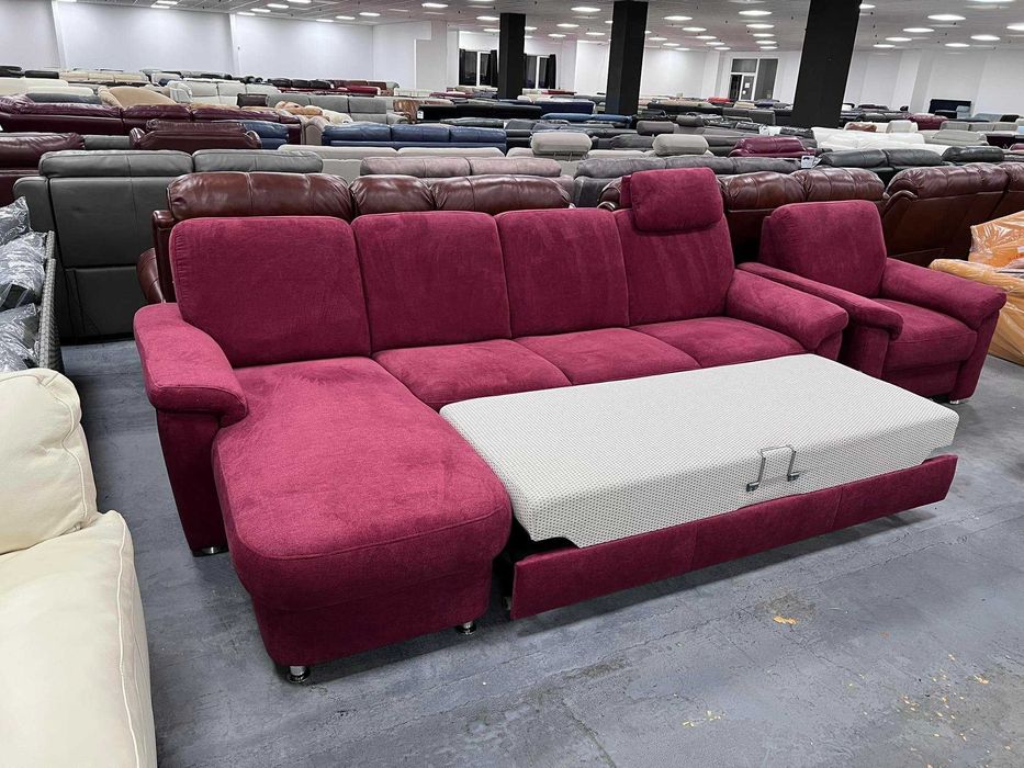 ПРОМОЦИЯ! Червен диван от плат с лежанка ф-я сън,фотьойл, табуретка