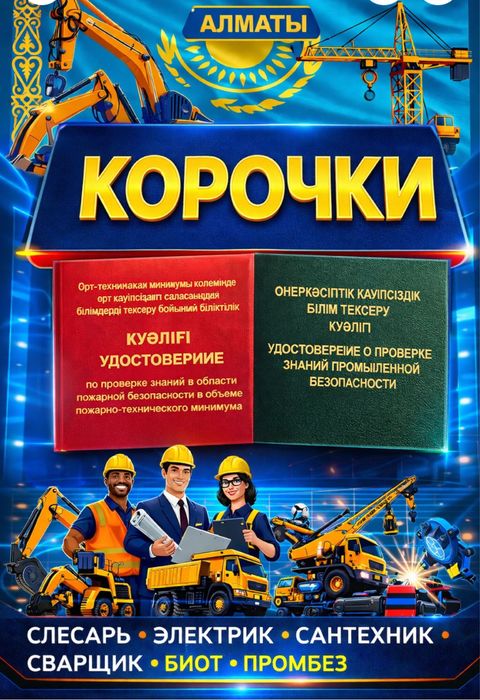 Удостоверение, ПТМ, БиОТ, Промышленная безопасность СРОЧНО от 5000 тг