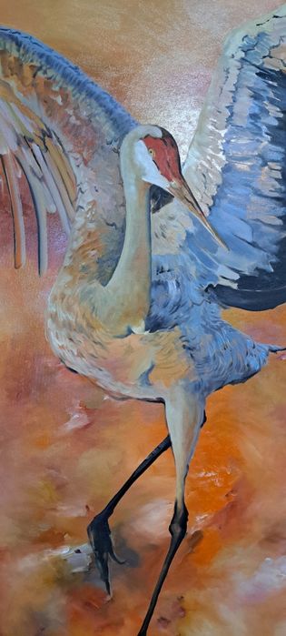 Картина маслом "Цапля в оранжевом"