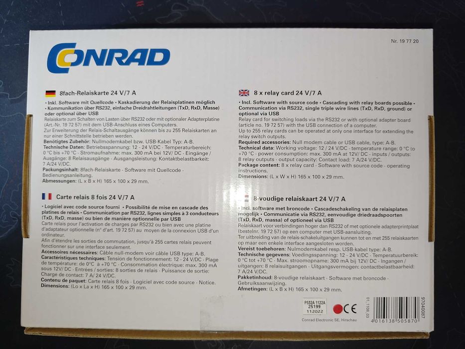Placa 8 relee 24V/7A, Conrad Components