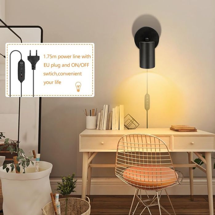 Set 2 Aplice Spot GU10 Negre cu Ștecher și Dimmer HOTUT