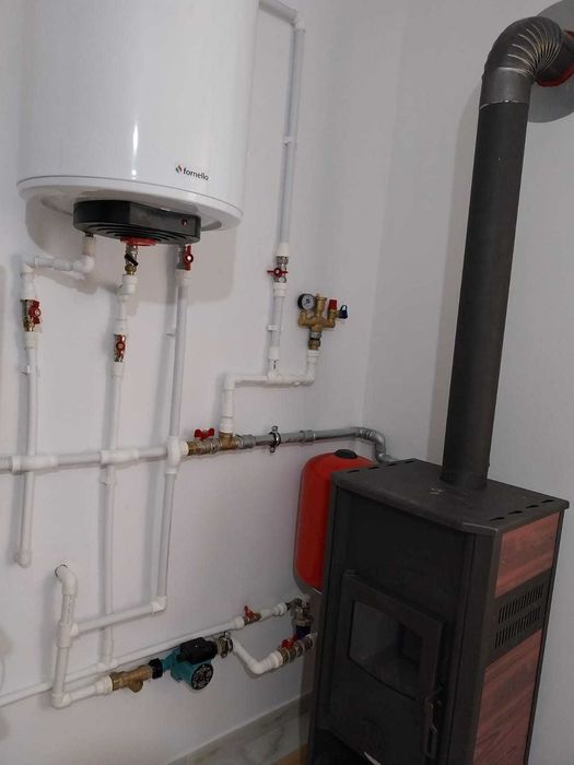 Kit Termosemineu pe lemne Fornello Roma E, Bordeaux, 22 kW, 49x45x103 cm, boiler termoelectric 100l