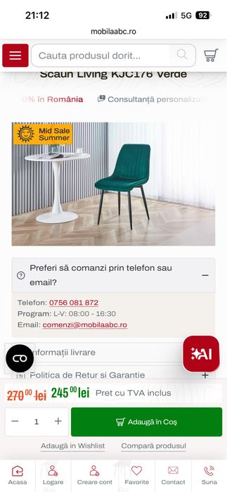 Vand 4 scaune din catifea verde