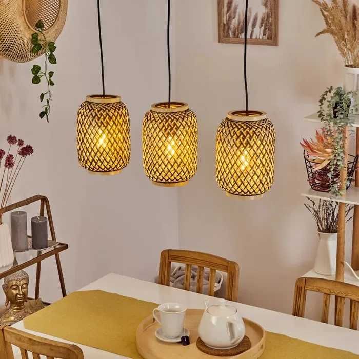 Ретро бамбук плетен висящa лампи Полилей винтидж, черна основа 221