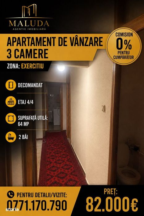 Apartament 3 camere de vanzare, zona-Exercitiu