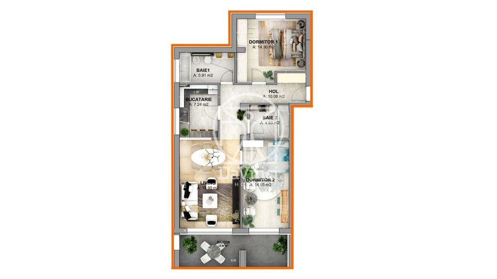 Ap. mobilat si utilat cu 3 camere - 2 bai, terasa 12.84 mp, intabulat