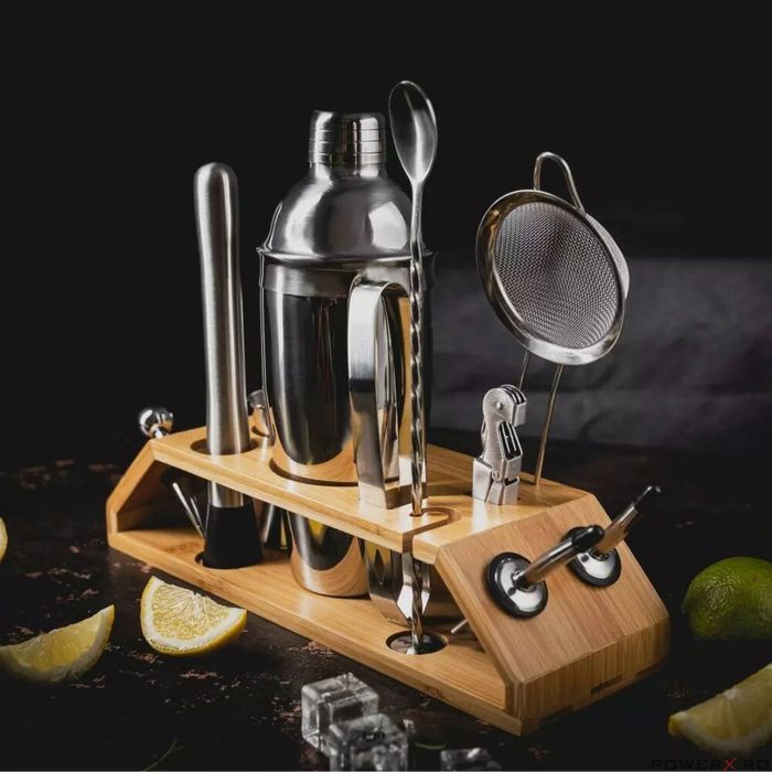 Set barman pentru bauturi, cocktailuri, shaker, 13 piese, argintiu,
