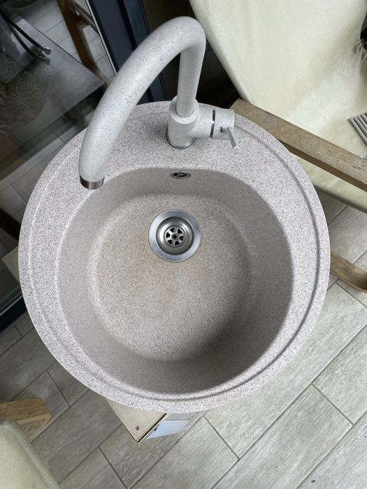 Chiuveta rotunda de bucatarie cu baterie si racord - compozit bej