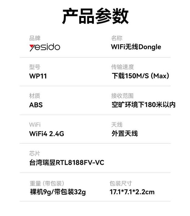 Yesido WP11 Беспроводной Wi-Fi4 USB 2.4G адаптер с для ПК и ноутбуков