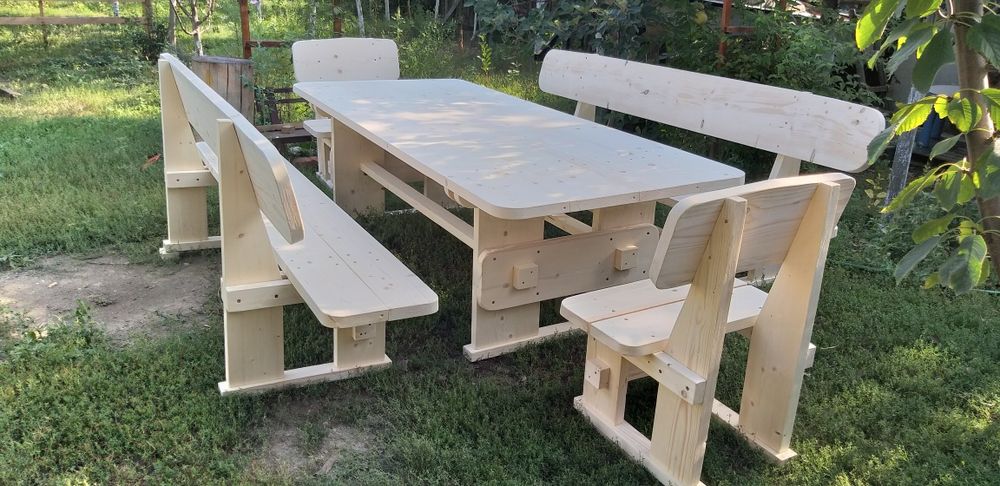 Set masa lemn masiv cu 2 canapele /2 scaune pt terasa/ foisor/ gradina