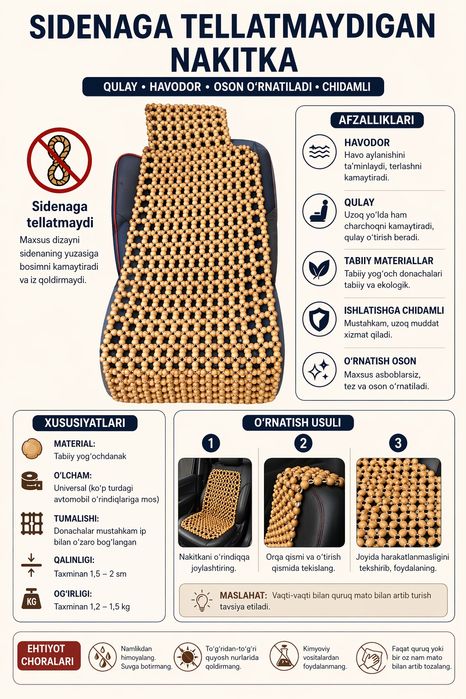 Nakitka Sidenaga terlatmaydi yog‘ochli avto o‘rindiqlarga unversal