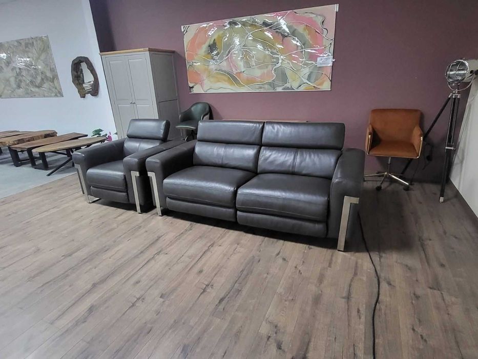 Сив кожен диван тройка и фотьойл Moreno с ел. релакс механизъм