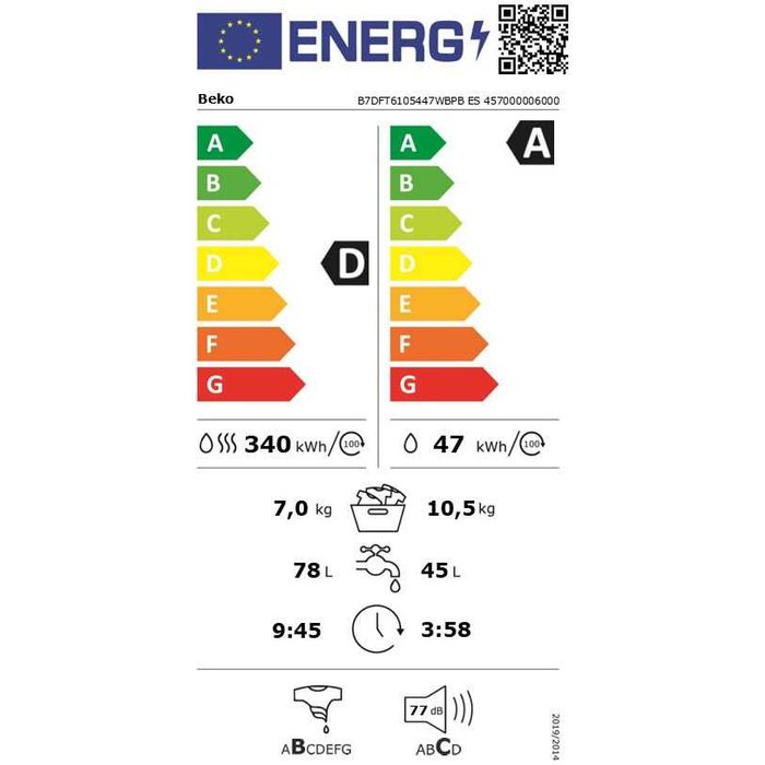Masina de spalat rufe cu uscator Beko B7DFT6105447WBPBES, Clasa D, SteamCure, 10.5/7 kg, 1400rpm, HomeWhiz, Alb