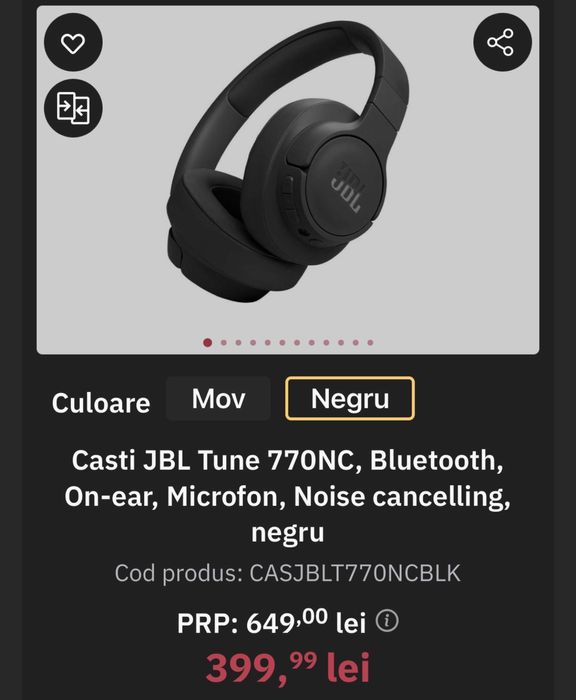 Casti JBL Tune 770NC, Bluetooth, On-ear, Microfon, Noise cancelling,
