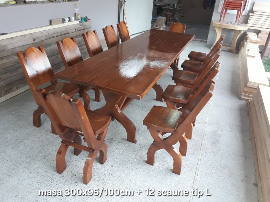Set  Masa cu 12  scaune. Masa cu scaune rustice.  Masa 3m  cu 12 scaun