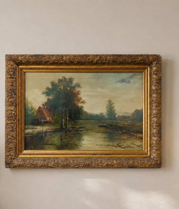 Pictura realizată în ulei pe pânză,lucrare semnată încadrata într-o ramă deosebita din lemn masiv sculptată , dimensiuni 50 cm cu 40