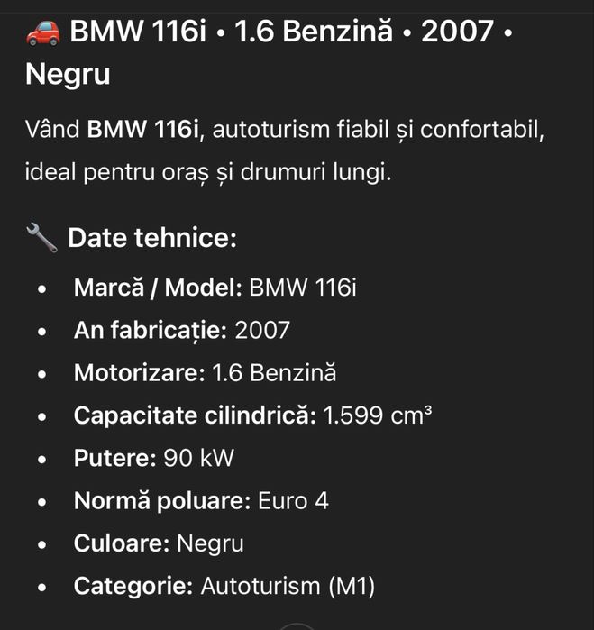 Vand BMW 116i an 2007 culoare negru