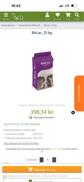 Lapte praf Bislac,pentru vitei-7buc,25kg-buc