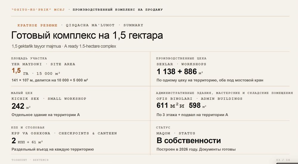 Производственный комплекс 3 цеха на 1,5 Гектарах