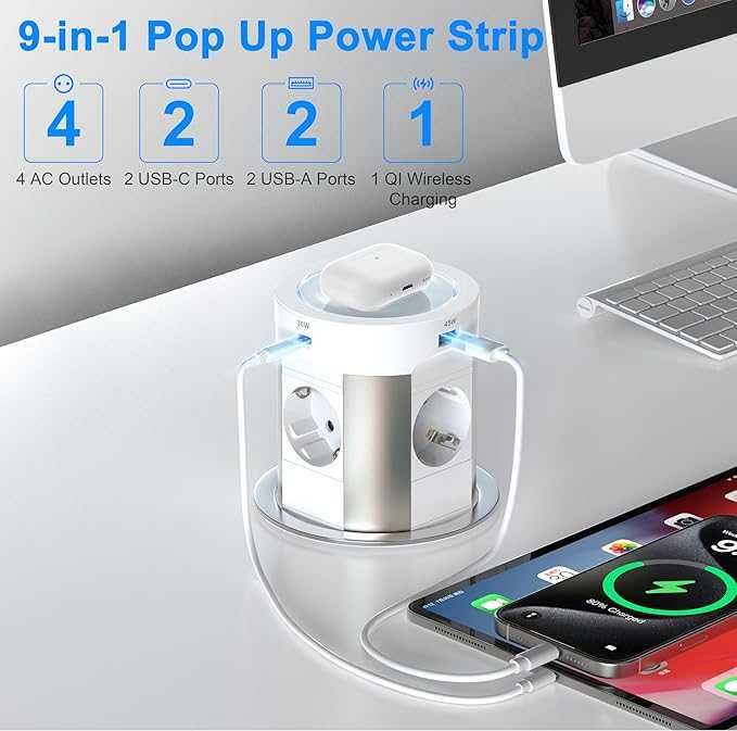 Priză de masă retractabilă 9 în 1 cu USB C PD75W, prelungitor cu 4 prize și încărcare wireless de 15 W