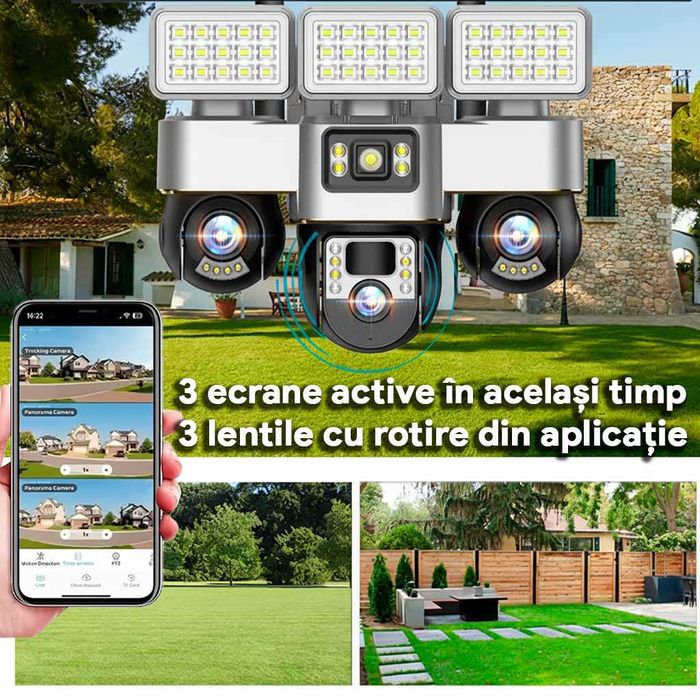 Camera de Supraveghere SIM 4G, Proiector LED, Panou 15W, 3 Lentile