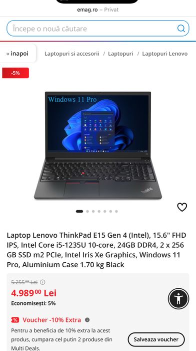 Thinkpad e 15 , 256 ssd , 24 GB RAM impecabil