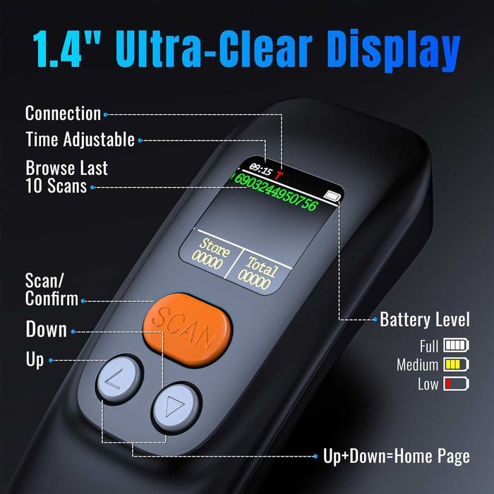 Мини безжичен скенер за баркодове Tera 1600, 1.4" екран, 1200 mAh