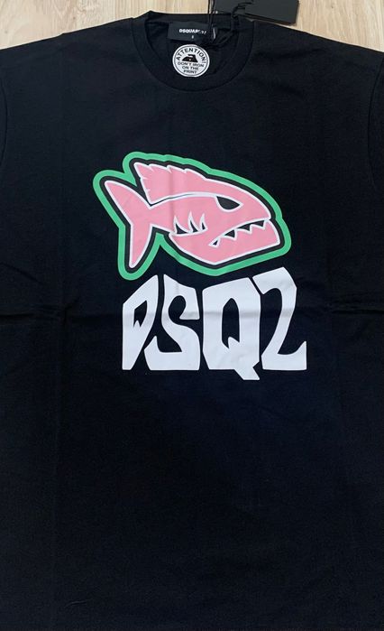 Нова мъжка тениска с етикети в черно Dsquared D2 fish